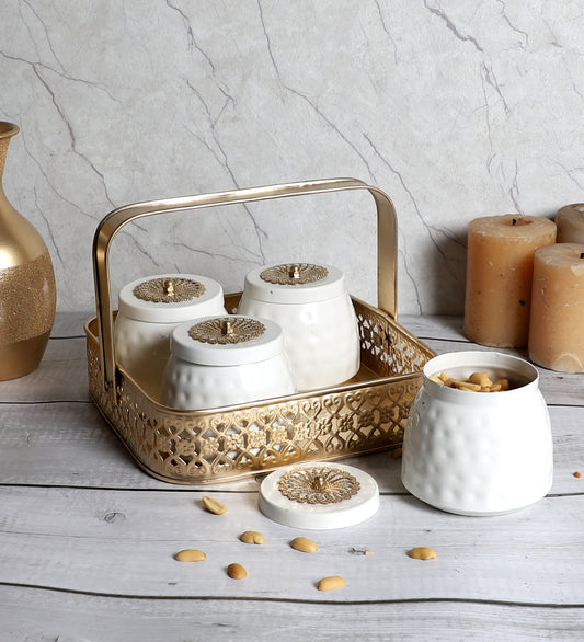 Metal Basket With White Jar Set of 5